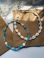 Handmade blue and white beaded turtle necklace with starfish by Shelluxe - Summer beach accessories